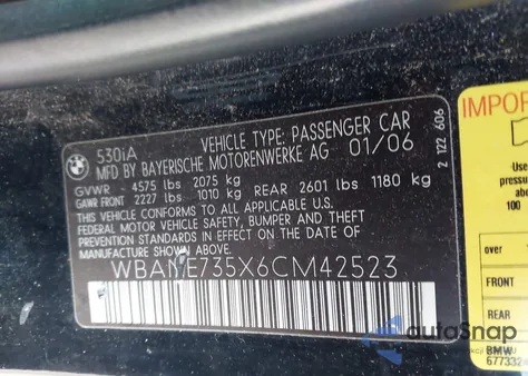 2006 BMW 530I from USA, damaged, VIN WBANE735X6CM42523